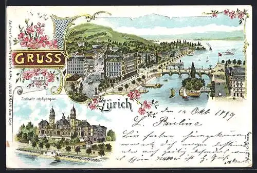 Lithographie Zürich, Hafenpartie, Tonhalle a. Alpenquai
