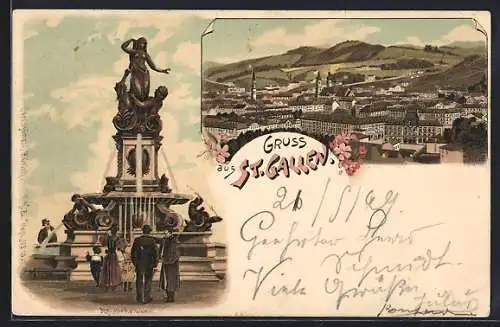 Lithographie St. Gallen, Monumentalbrunnen, Totalansicht gegen die Berge