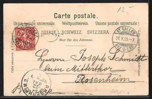 Lithographie St. Gallen, Monumentalbrunnen, Totalansicht gegen die Berge