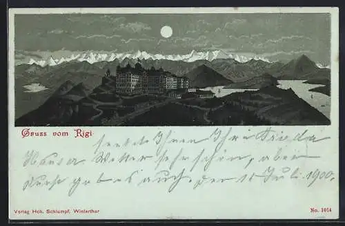 Mondschein-Lithographie Rigi, Das Hotel im Alpenpanorama
