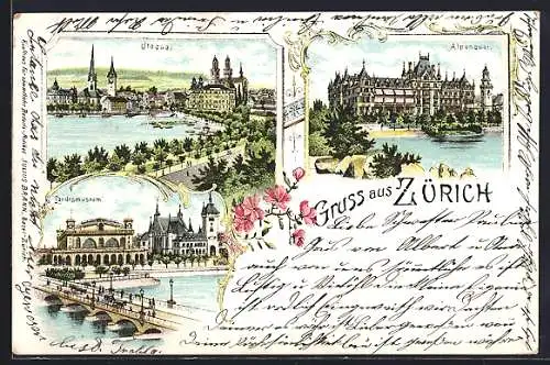 Lithographie Zürich, Landesmuseum, Utoquai und Alpenquai
