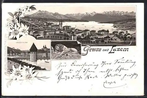 Lithographie Luzern, Wasserturm, Gesamtansicht, Edelweiss