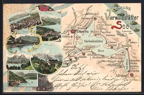 Lithographie Axenstein, Landkarte, Vierwäldstätter See mit Weggis und Gersau