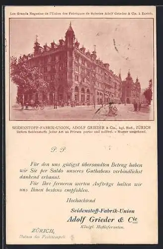 AK Zürich, Geschäftshaus der Seidenstoff-Fabrik-Union Adolf Grieder & Cie.