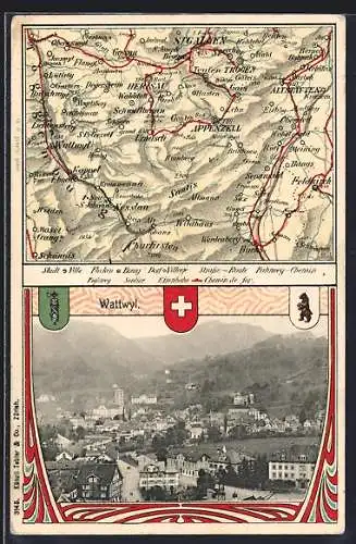 AK Wattwyl, Ortsansicht u. Landkarte mit Werdenberg, Buchs u. Feldkirch