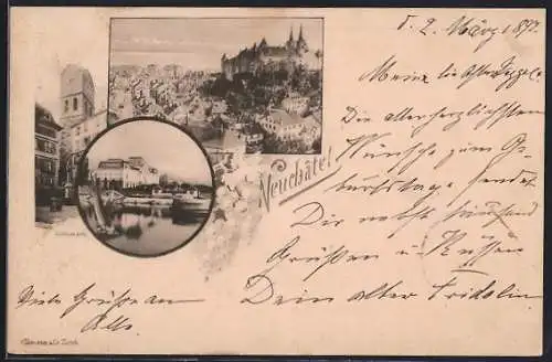 AK Neuchâtel, Ortsansicht mit dem Schloss, Uferpartie, Ortspartie