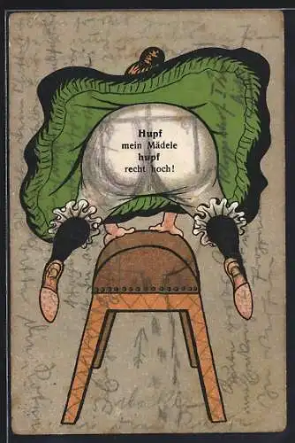 AK Hupf mein Mädele hupf recht hoch!, Blick unter den Tock einer Turnerin
