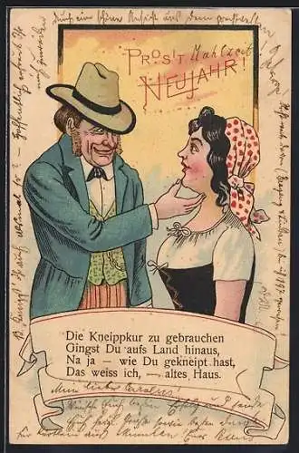 AK Mann streichelt einer Dame die Wange, Neujahrskarte