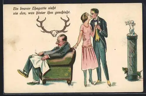 AK Ehefrau küsst einen Mann hinter dem Rücken ihres Gatten, frauenfeindlicher Humor