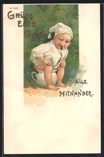Lithographie Grüss Euch Gott alle miteinander, Kind auf Nachttopf