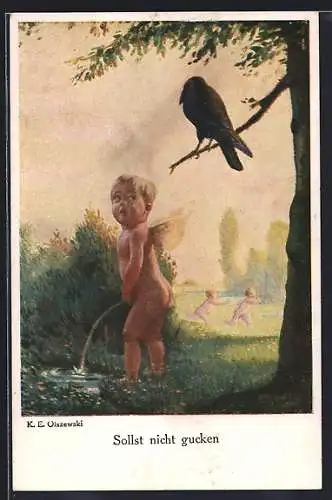 AK Toilettenhumor, Rabe beobachtet kleines Kind beim urinieren