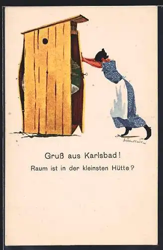 Künstler-AK Karlsbad, Jemand ist zu dick für das Toilettenhäuschen