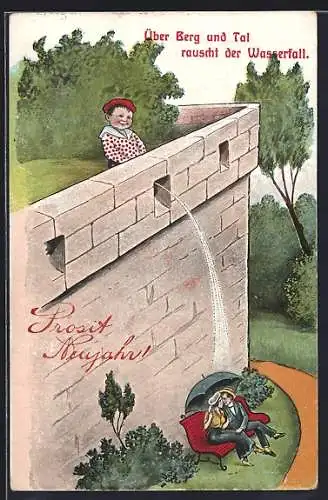 AK Knabe pinkelt von der Festung auf ein Liebespaar herunter, Neujahrskarte