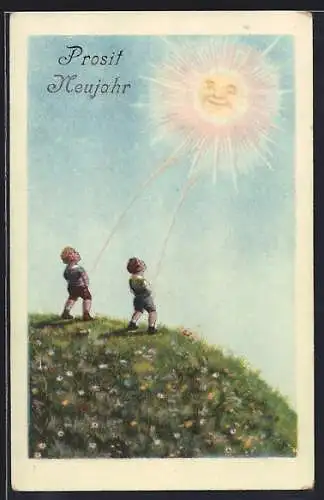 AK Zwei Knaben pinkeln hoch zur Sonne