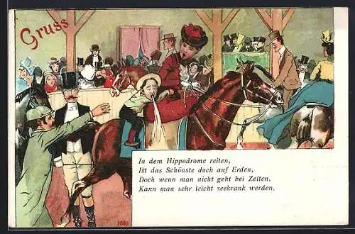 AK Junge reiter mit seiner Mutter auf einem Pferd, muss sich übergeben