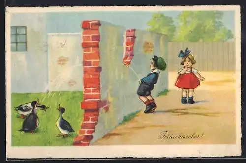 AK Junge pinkelt über eine Mauer auf Enten
