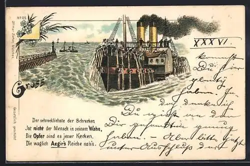 Lithographie Passagiere kotzen alle vom Schiff