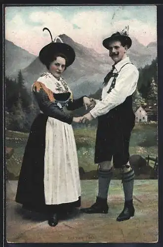 AK Paar in Trachten, Auf zum Tanz!