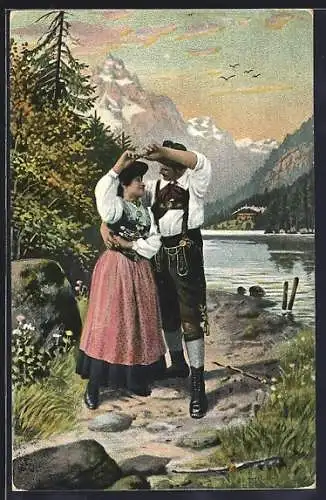 AK Paar beim Volkstanz am See