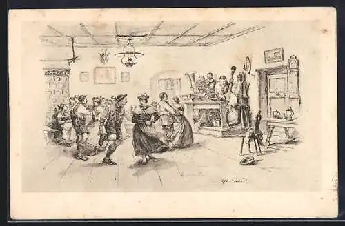 Künstler-AK Volkstanz im Wirtshaus mit Musikanten