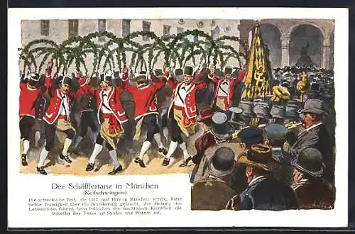 AK München, Gruppe von Männern tanzt den Schäfflertanz