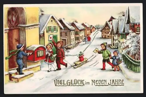 Künstler-AK Kinder mit Briefen am Briefkasten