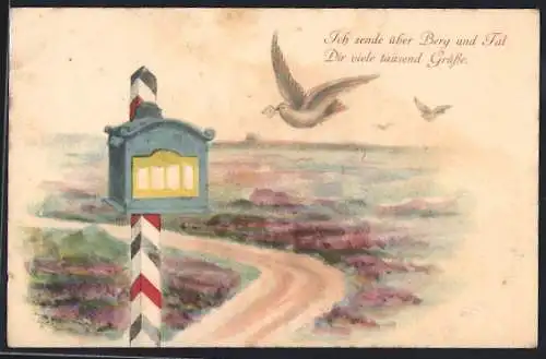 Künstler-AK Vogel trägt einen Brief zum Briefkasten