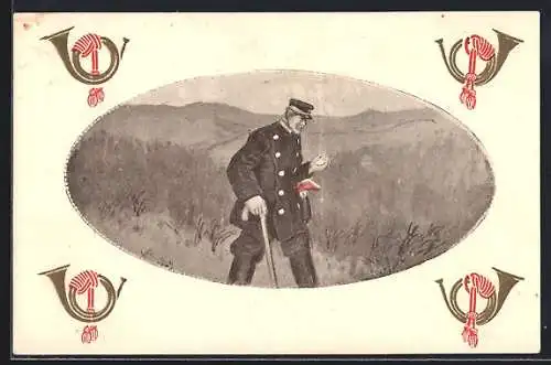 Künstler-AK Postbote mit Gehstock im Passepartout mit Posthorn