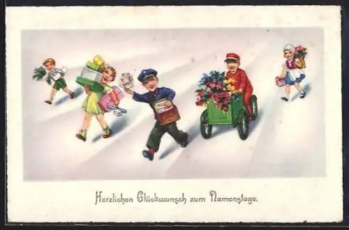 Künstler-AK Kinder mit Briefen, Geschenken und Paketen, Namenstags-Glückwunsch