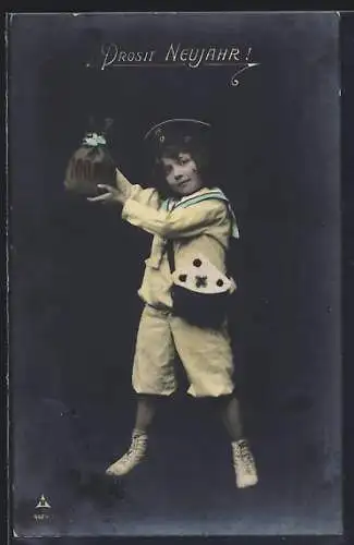 AK Kleiner Postbote mit Brief und Geldbeutel, Neujahrswünsche