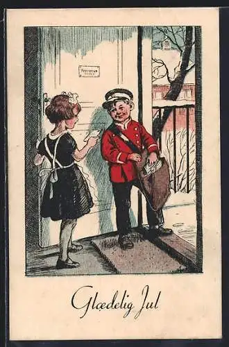 Künstler-AK Postbote und Mädchen mit Briefen, Glaedelig Jul