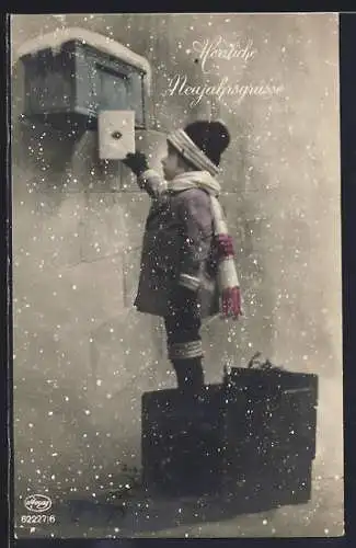 AK Kind mit Brief am Briefkasten im Schnee, Neujahrsgrüsse