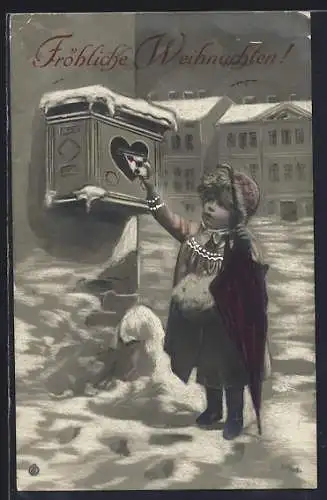 AK Kind mit Regenschirm wirft einen Brief in den Briefkasten, Weihnachtsgrüsse