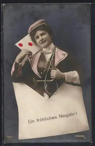 AK Briefträgerin mit Posthorn im Brief, Neujahrsgrüsse