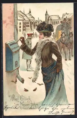 AK Elegante Dame steckt einen Brief in den Briefkasten