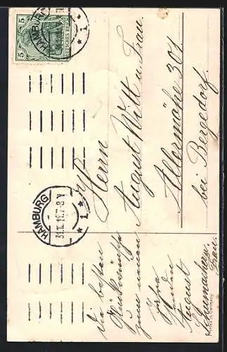 Lithographie Viel Glück im neuen Jahre, Hübsche Postbotin mit einem Sack voll Klee