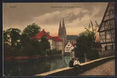 AK Soest, Wiesenkirche mit grossem Teich