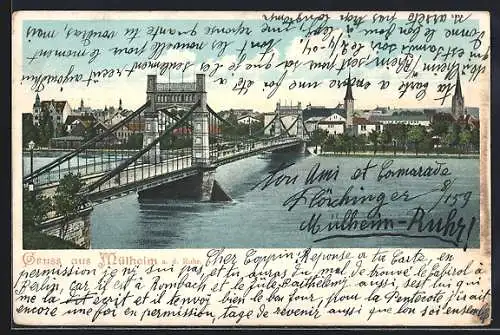 AK Mülheim a. d. Ruhr, Ortschaft mit Brücke im Vordergrund
