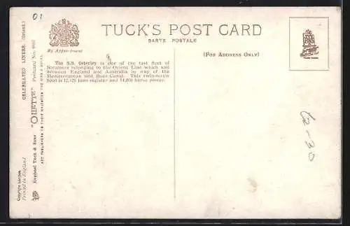 Künstler-AK Passagierschiff S.S. Osterley, Orient Line