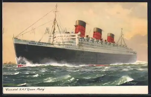 AK Passagierschiff R. M. S. Queen Mary in der Nähe der Küste