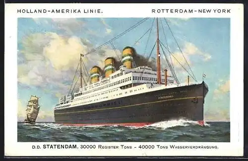 Künstler-AK T.S.S. Statendam der Holland-Amerika-Linie auf hoher See passiert ein Segelschiff