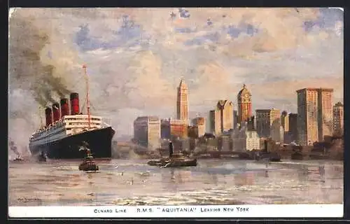 Künstler-AK New York, Passagierschiff R. M. S. Aquitania in Fahrt