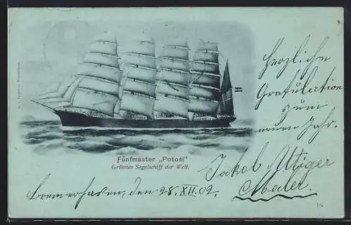 AK Potosi, Fünfmaster mit allen gesetzten Segeln auf dem Meer, Segelschiff