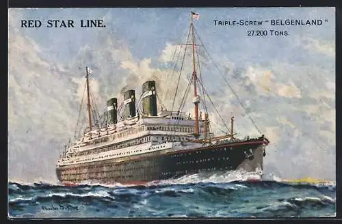 Künstler-AK Passagierschiff Belgenland bei Wellengang auf See, Red Star Line