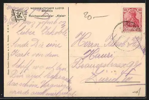 AK Reichspostdampfer Kleist auf See