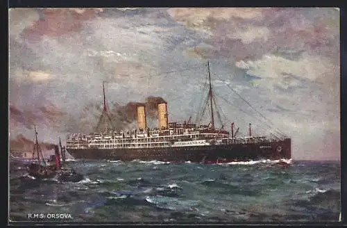 Künstler-AK Passagierschiff R.M.S. Orsova mit Schlepper, Orient Line