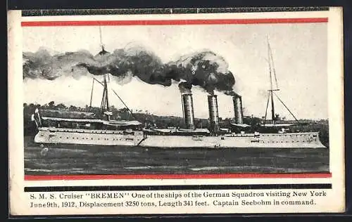 AK SMS Kreuzer Bremen unter Volldampf