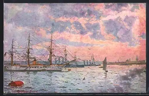 Künstler-AK Kiel, Schiffe der Kriegsmarine im Kriegshafen