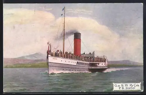 Künstler-AK P.S. Juno, Passagierschiff fährt an Küste entlang