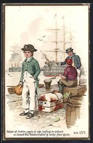 Künstler-AK Nelson at twelve years of age waiting to embark on board the Raisonnable of sixty-four guns
